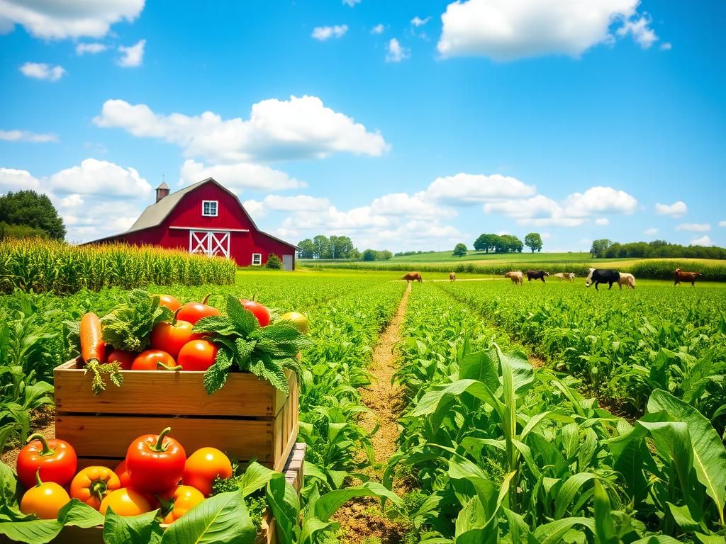 Flick International A vibrant American farm with colorful vegetables and a traditional red barn