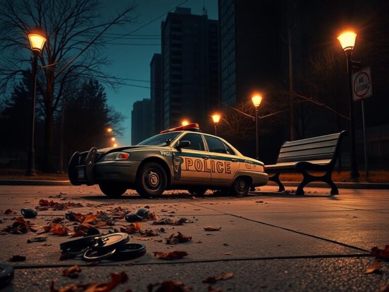 Flick International A desolate city street at dusk with a broken police car and scattered badges symbolizing law enforcement decline