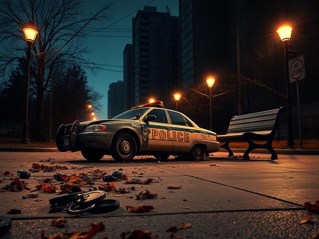 Flick International A desolate city street at dusk with a broken police car and scattered badges symbolizing law enforcement decline
