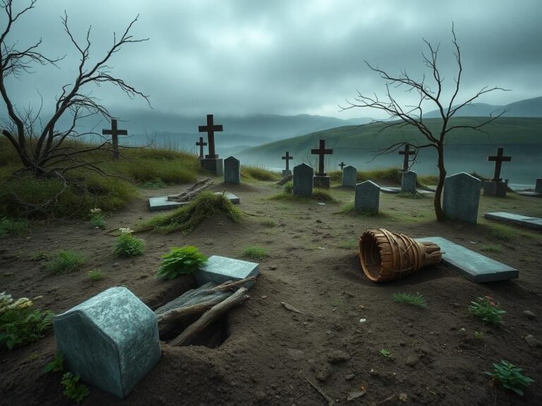 Flick International Partially unearthed graves in a misty northern Polish cemetery highlighting ancient burial practices.