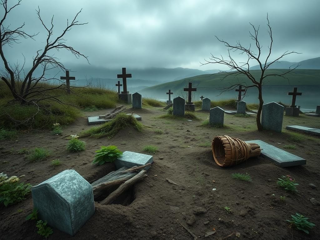 Flick International Partially unearthed graves in a misty northern Polish cemetery highlighting ancient burial practices.