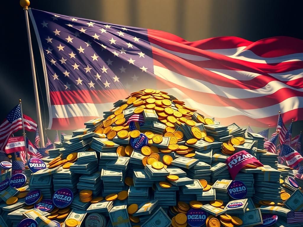 Flick International A dynamic image of a large stack of money and gold coins symbolizing Trump's fundraising success.