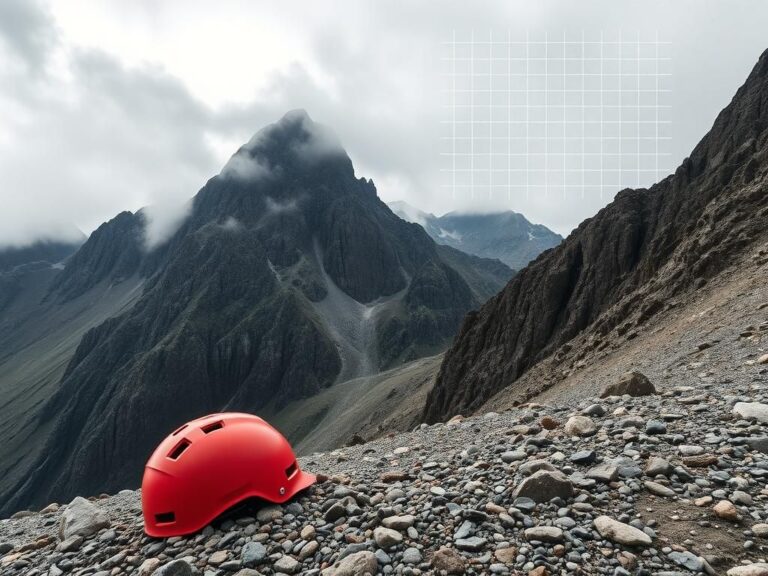 Flick International Aerial view of the rugged Piedmont mountains with a partially buried red helmet in the foreground