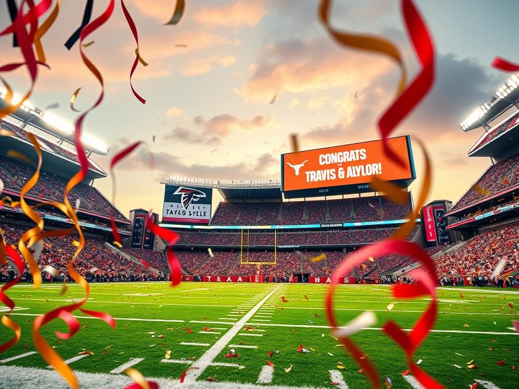 Flick International Football stadium scene celebrating Travis Kelce and Taylor Swift's engagement with streamers and confetti