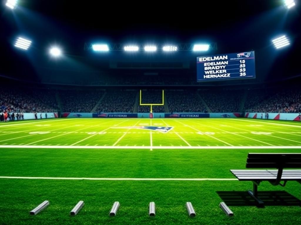 Flick International A bright football field under stadium lights with a digital scoreboard displaying fantasy football players