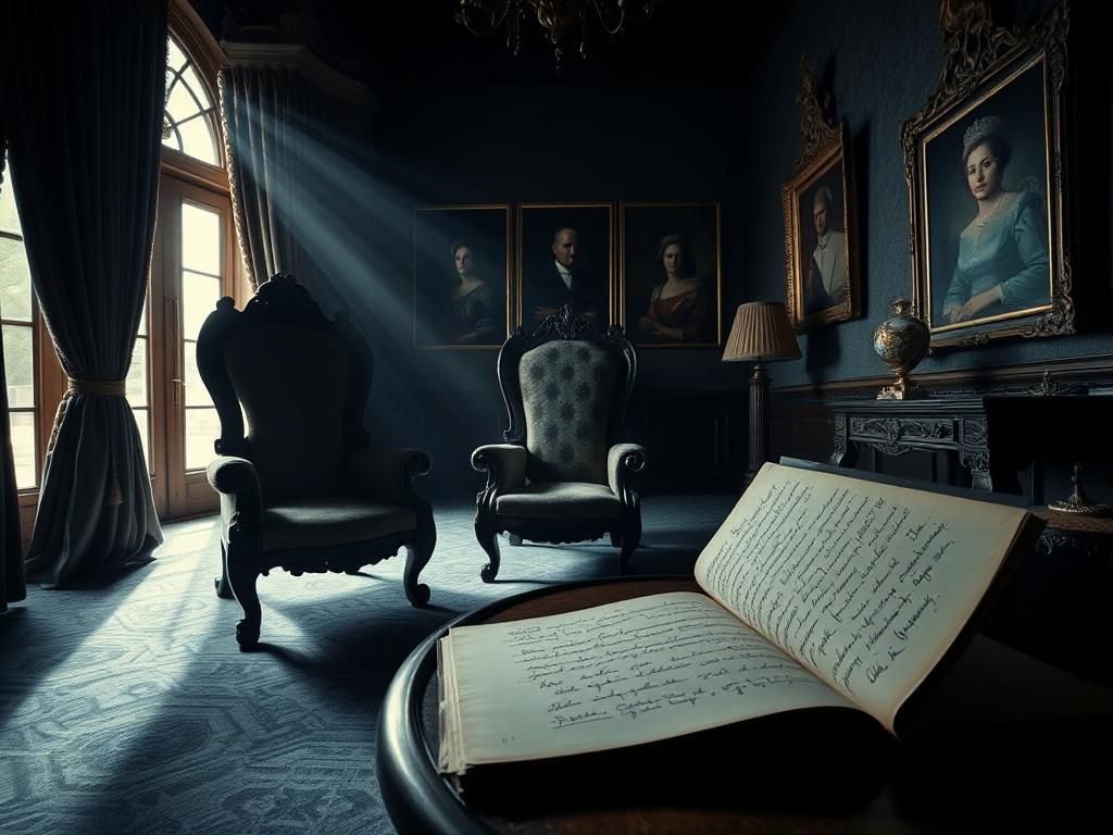 Flick International A dimly lit interior of a grand yet neglected royal lodge symbolizing isolation