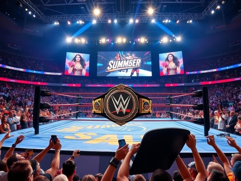 Flick International Wrestling ring at MetLife Stadium with Women's World Championship belt prominently displayed