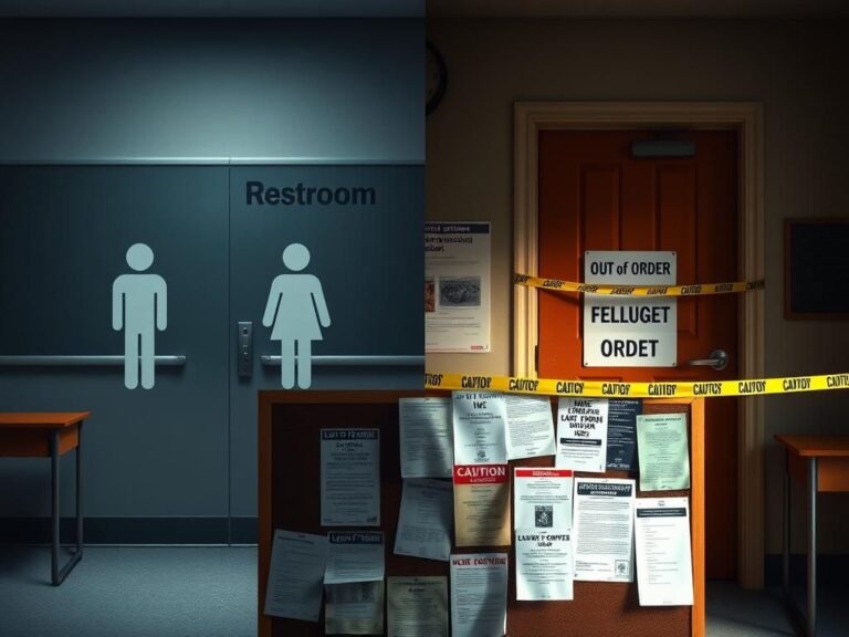 Flick International A split scene illustrating contrasting school restroom policies with traditional and locked restrooms