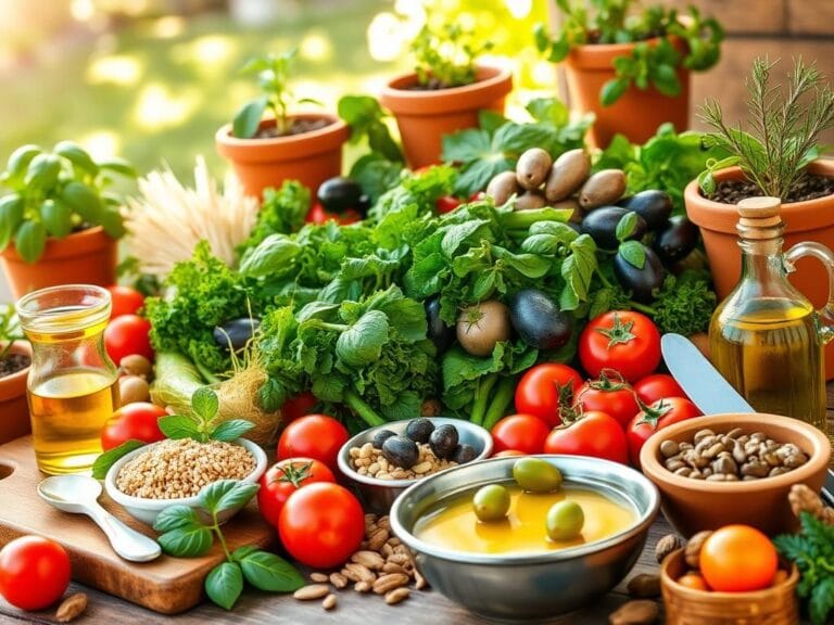 Flick International Colorful display of fresh Mediterranean produce including tomatoes, leafy greens, quinoa, olives, and nuts