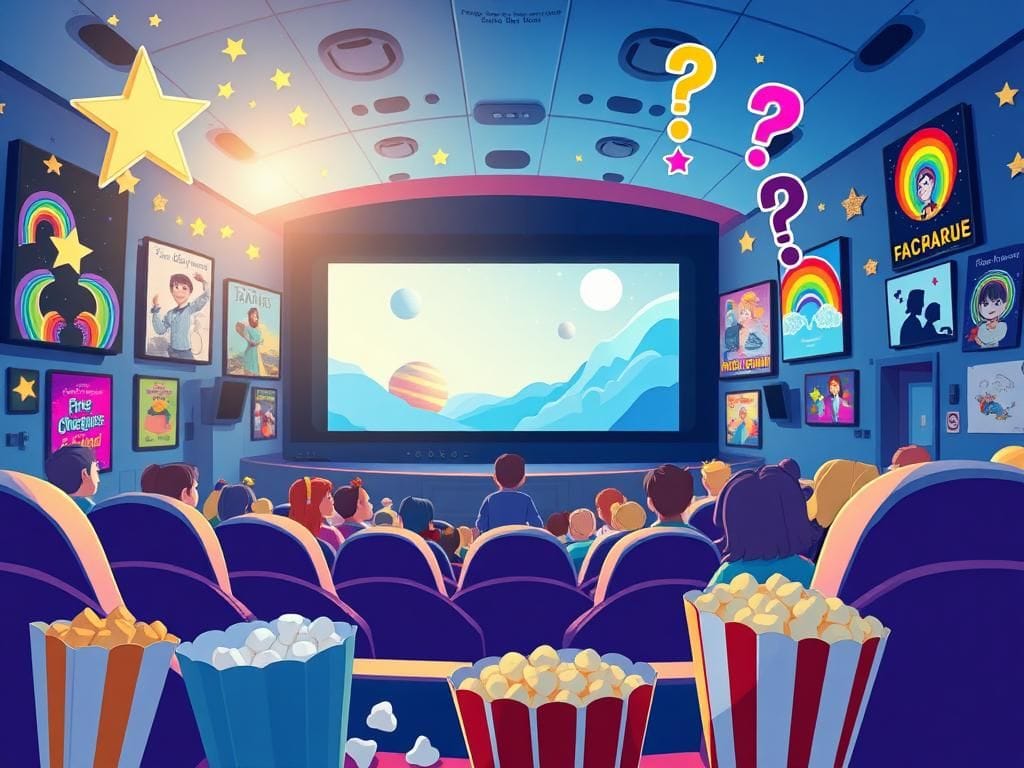 Flick International Colorful animated scene of a whimsical movie theater depicting childhood film experiences