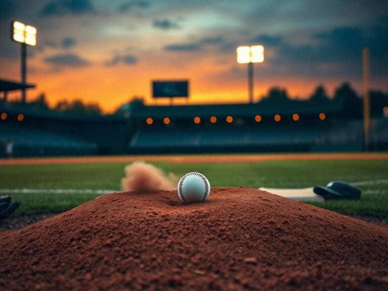 Flick International Baseball diamond at dusk with a solitary baseball on the pitcher's mound