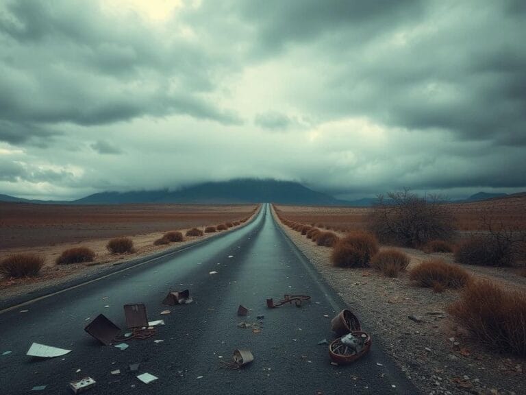 Flick International A haunting landscape with a desolate road and ominous clouds reflecting survival amidst chaos