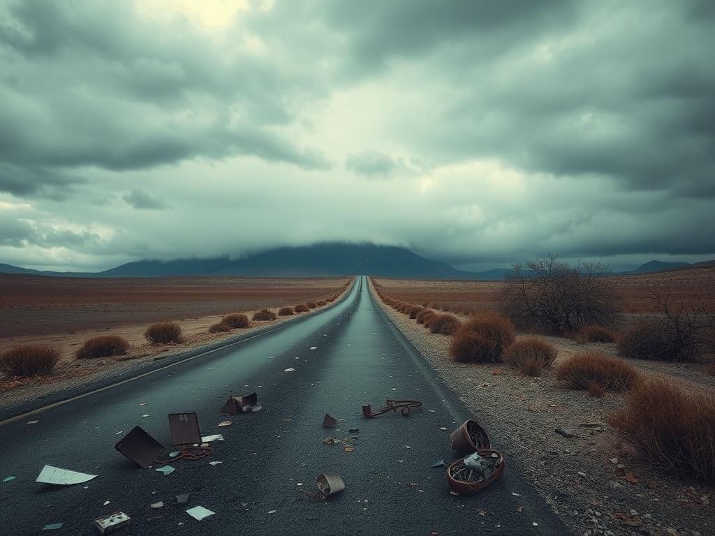 Flick International A haunting landscape with a desolate road and ominous clouds reflecting survival amidst chaos