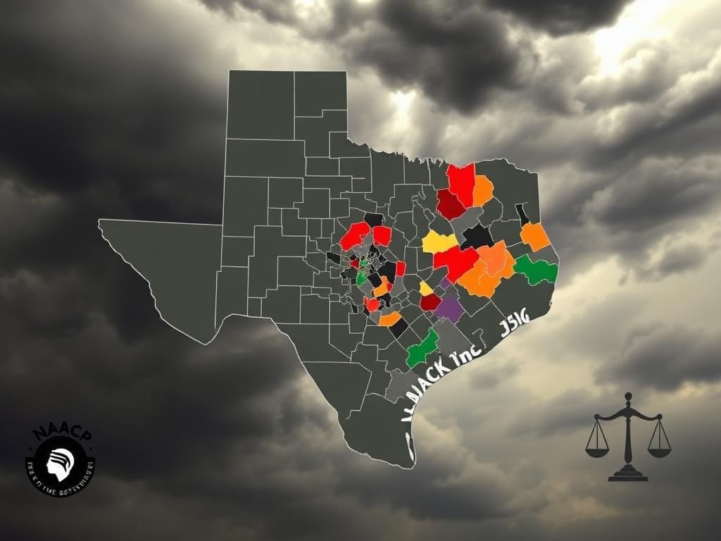 Flick International Outline of Texas with fragmented Congressional district maps illustrating racial and political tensions