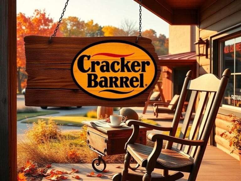 Flick International Rustic wooden sign showcasing the classic Cracker Barrel logo in a picturesque autumn setting