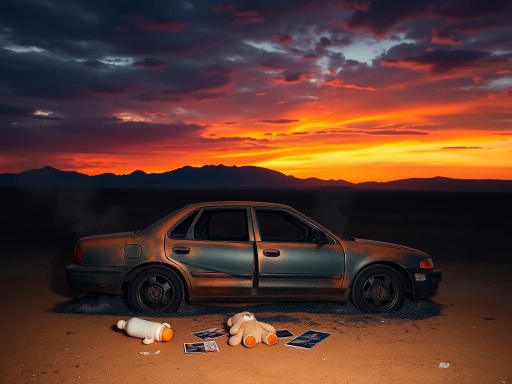 Flick International A burnt and abandoned car in a desolate landscape symbolizing loss from cartel violence
