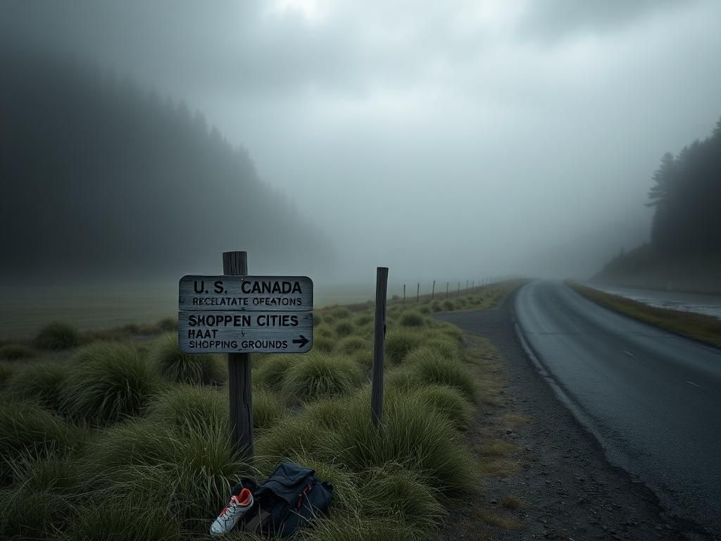 Flick International Foggy landscape of the U.S.-Canada border with a weathered signpost and overgrown grass
