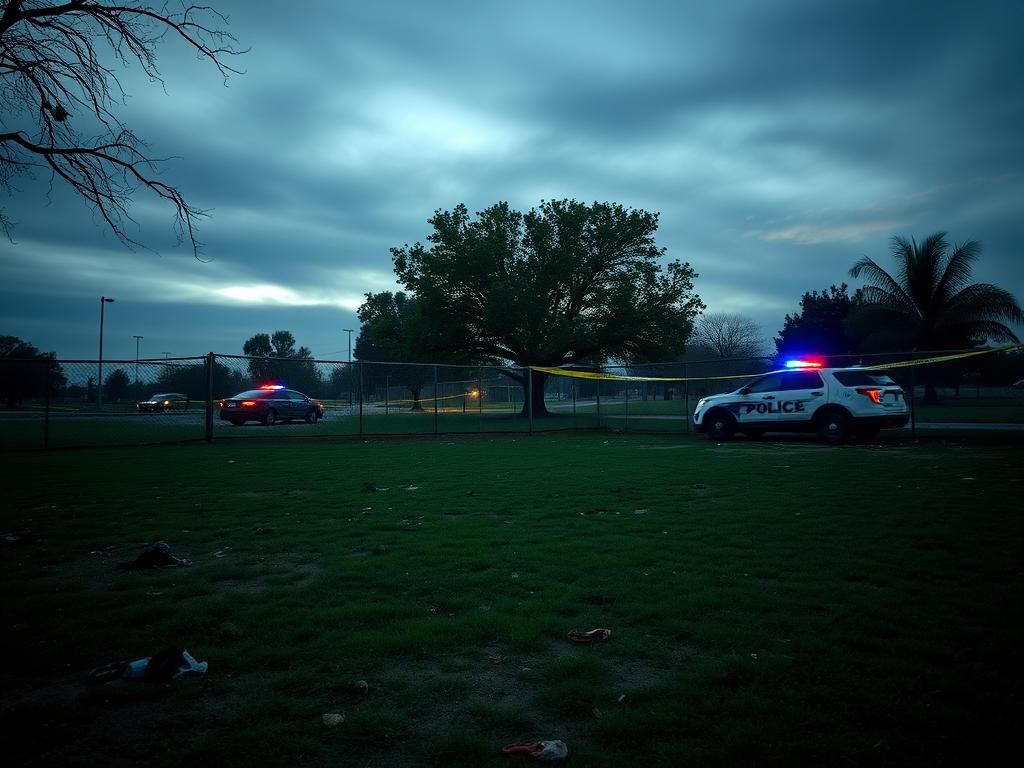Flick International Dimly lit park scene with patches of grass and scattered dog belongings after a dog mauling incident