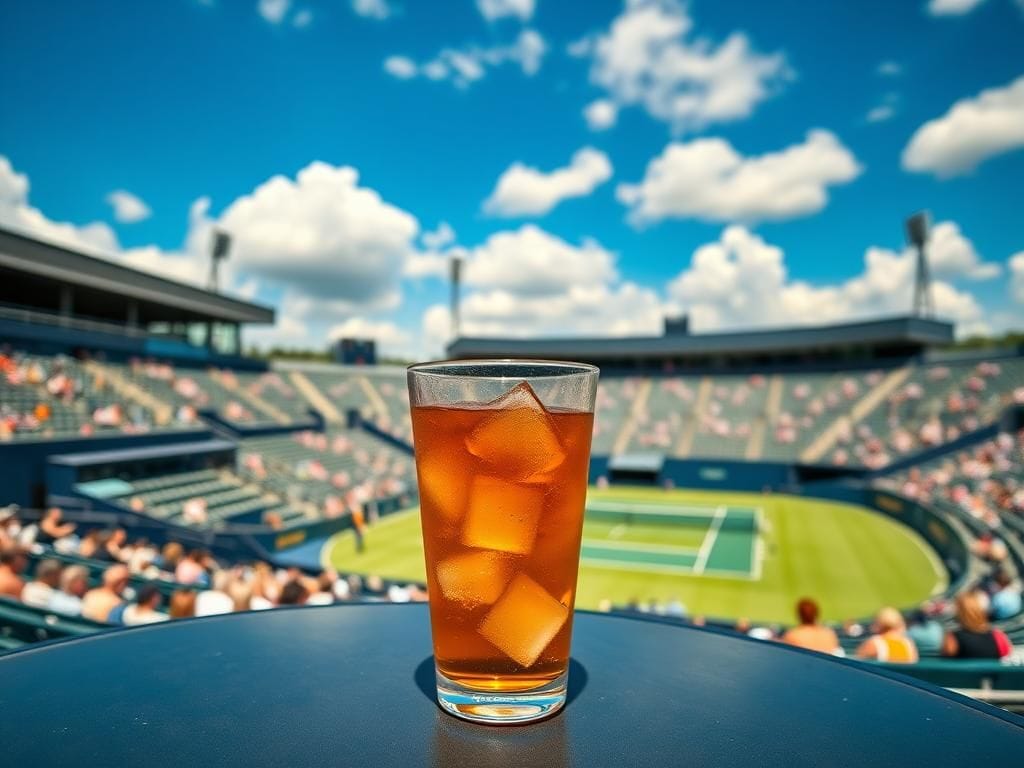 Flick International Vibrant outdoor scene at the U.S. Open with stylish beverage cup and tennis stadium
