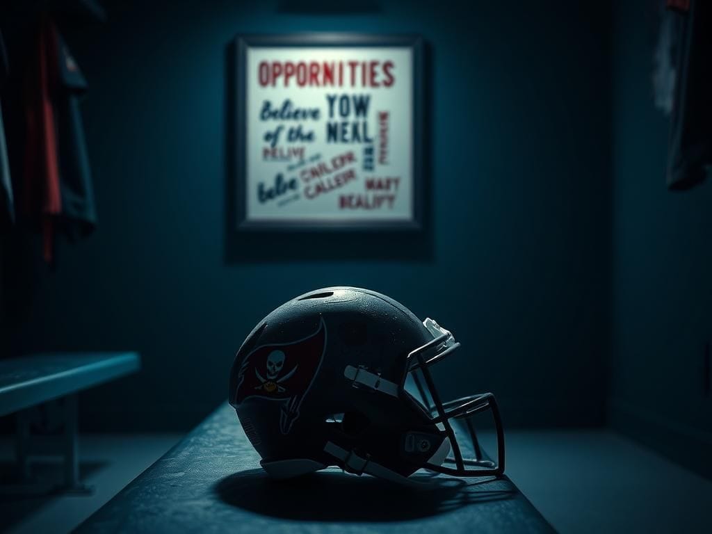 Flick International Worn Tampa Bay Buccaneers helmet resting on a bench in a dramatic locker room setting