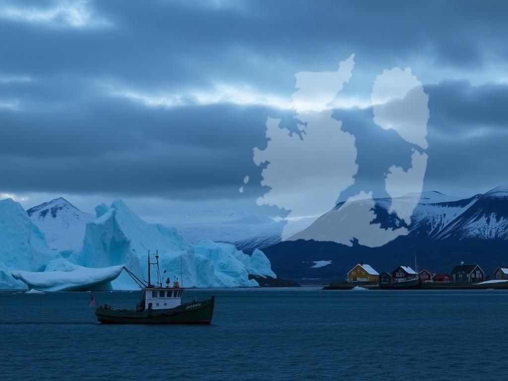 Flick International Panoramic view of Greenland's rugged landscape with icebergs and a fishing boat