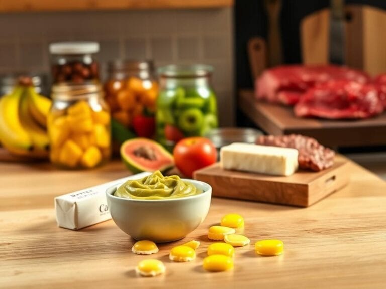 Flick International Cozy kitchen scene with colorful baby food options including mashed avocado, soft-cooked egg yolks, and a stick of pure butter.