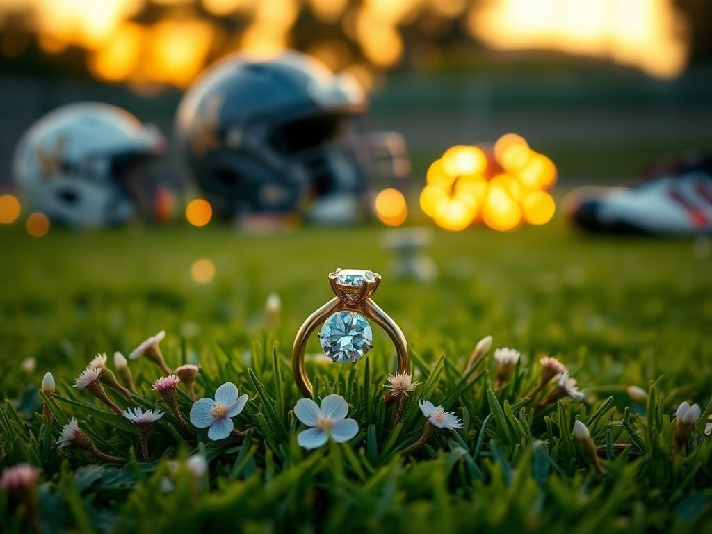 Flick International Engagement ring set on a football field symbolizing Taylor Swift and Travis Kelce's engagement