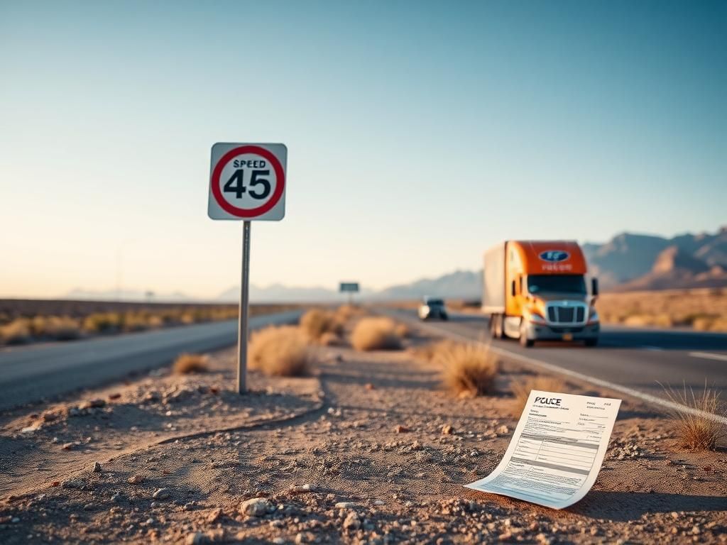 Flick International Commercial truck parked on highway shoulder with blurred police car in background