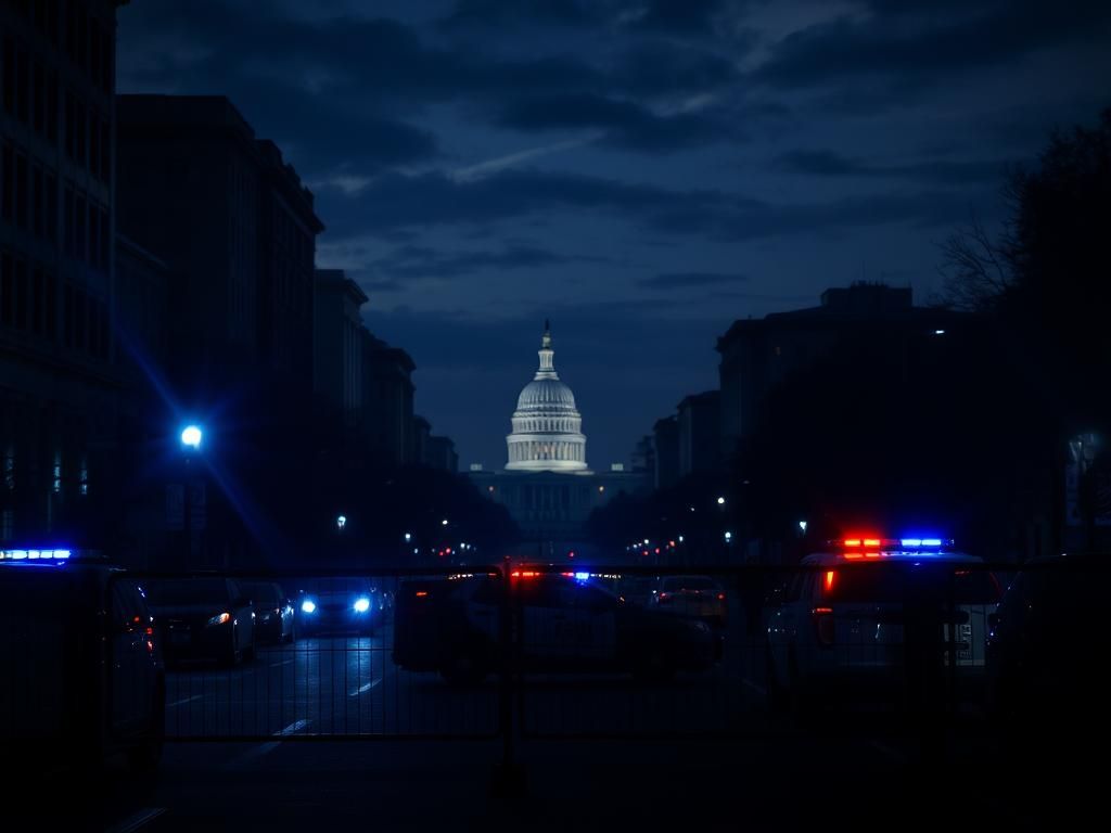 Flick International Dramatic nighttime cityscape of Washington, D.C. with police vehicles and barricade