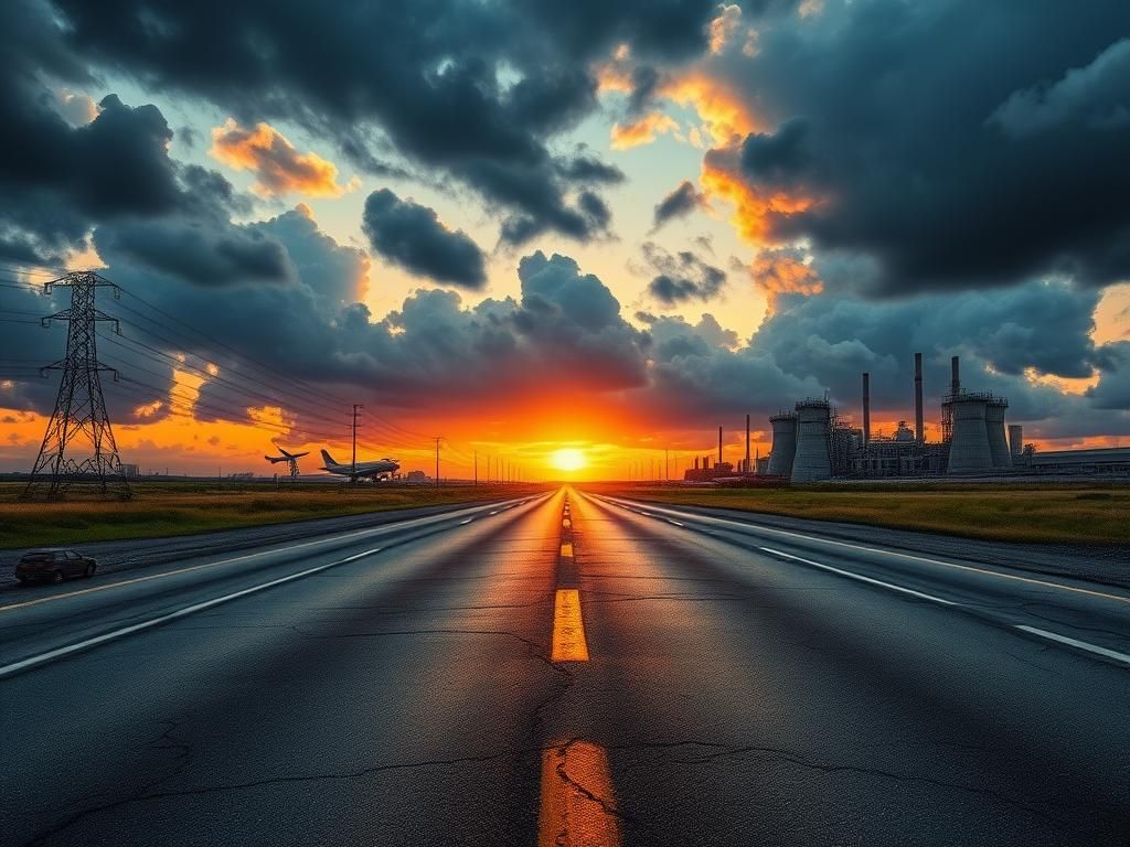 Flick International Expansive highway flanked by power lines and industrial structures symbolizing the auto and energy industries