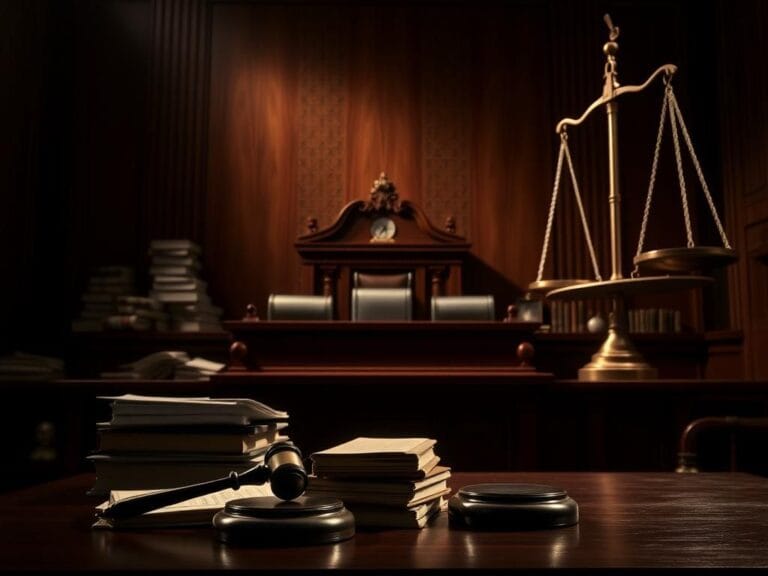 Flick International Dimly lit courtroom interior with a judge's bench and gavel, symbolizing justice in drug trafficking legal proceedings