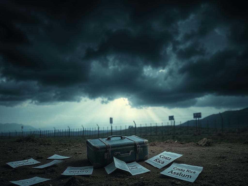 Flick International A somber landscape with a stark border fence under a stormy sky, featuring a small worn suitcase symbolizing the journey of seeking asylum