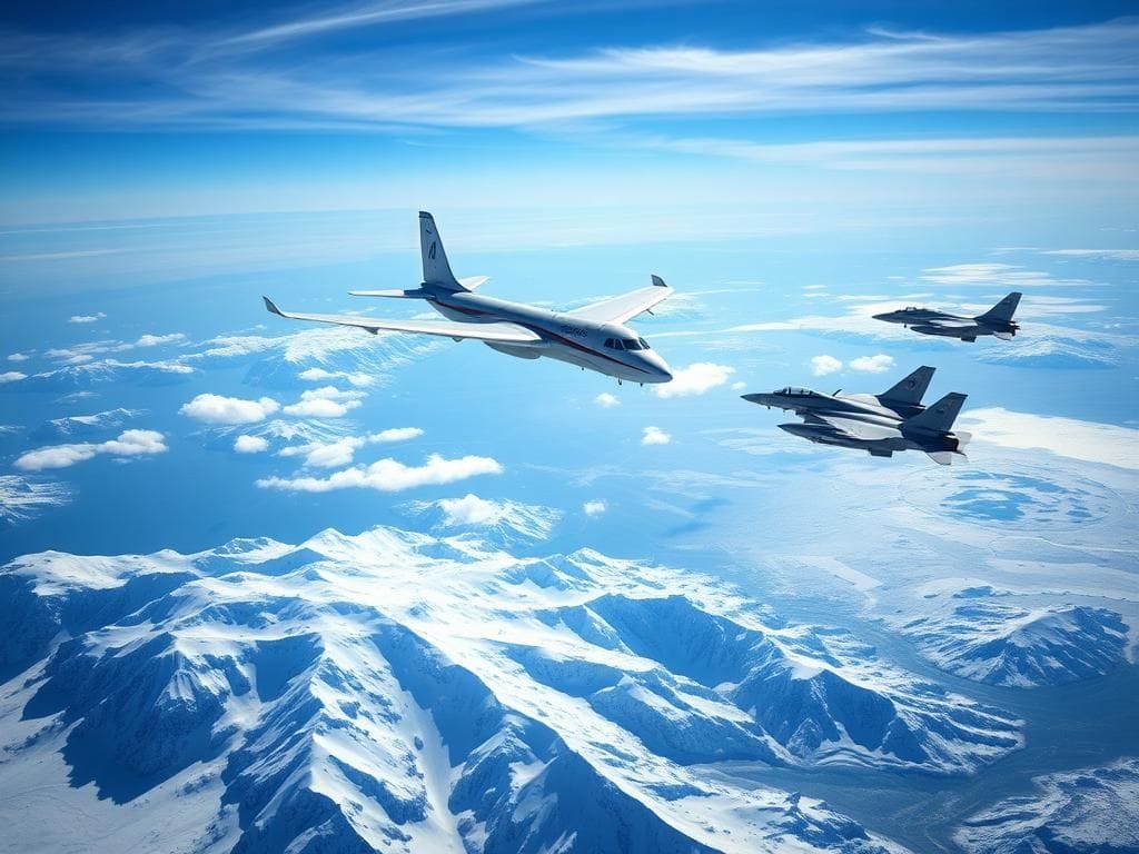 Flick International A Russian IL-20 reconnaissance airplane flying over the snowy Alaska Range with F-16 fighter jets in tracking formation.