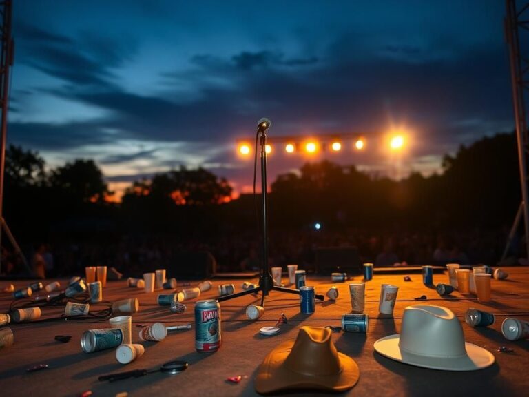 Flick International Empty concert stage with microphone stand and scattered beer cans in Oklahoma