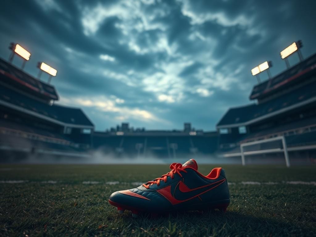Flick International Abandoned football cleats on the sidelines of an empty Chicago Bears stadium at dusk