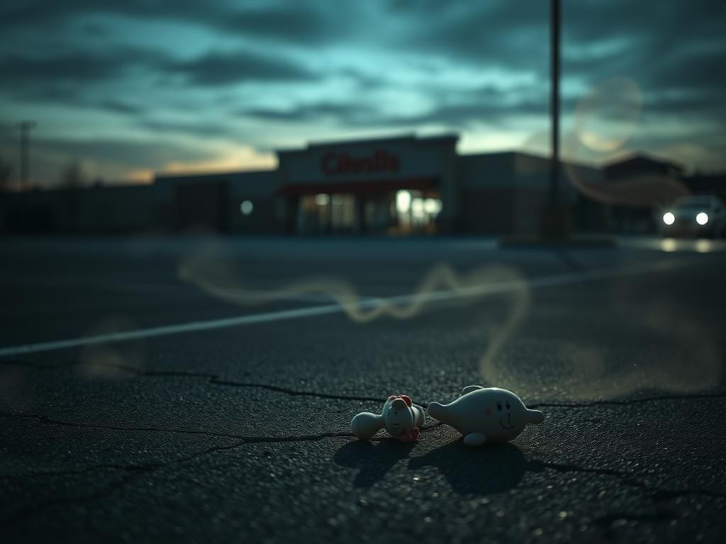 Flick International A deserted parking lot at dusk featuring a lonely baby toy on cracked asphalt, symbolizing loss.