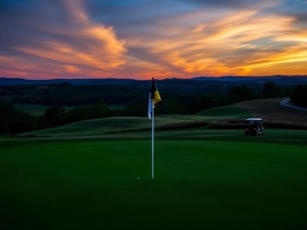 Flick International Lush golf course at twilight with manicured green and fluttering flag at Bethpage Black