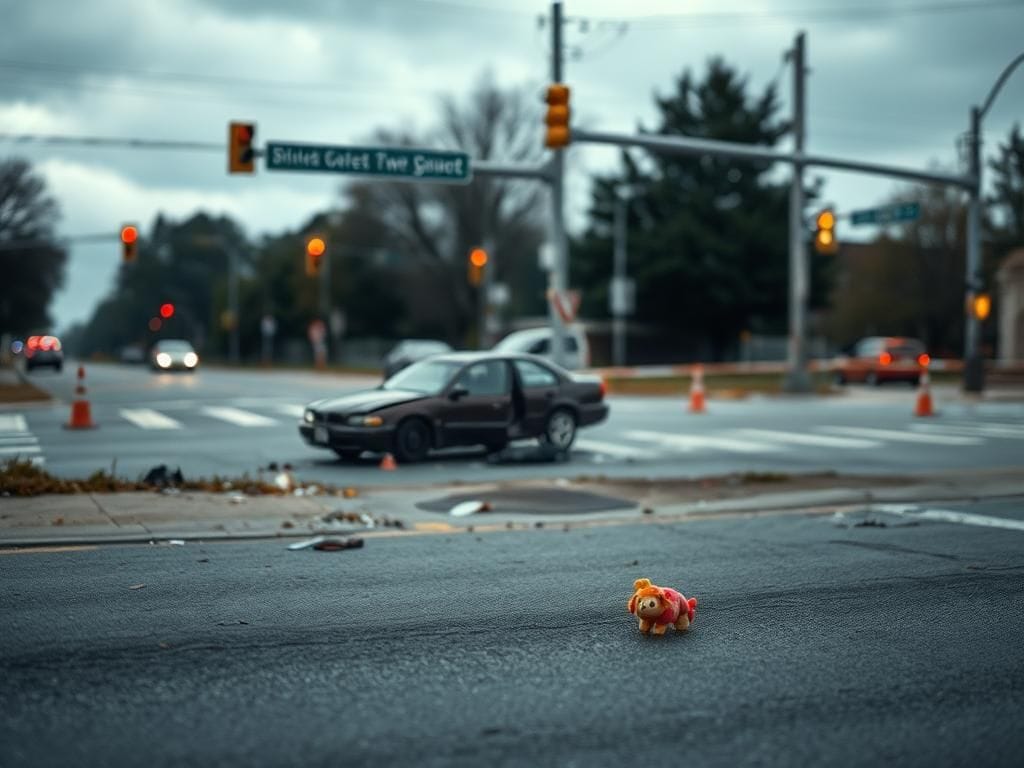 Flick International Wrecked vehicle at a Maryland crash site with a child's toy on the pavement