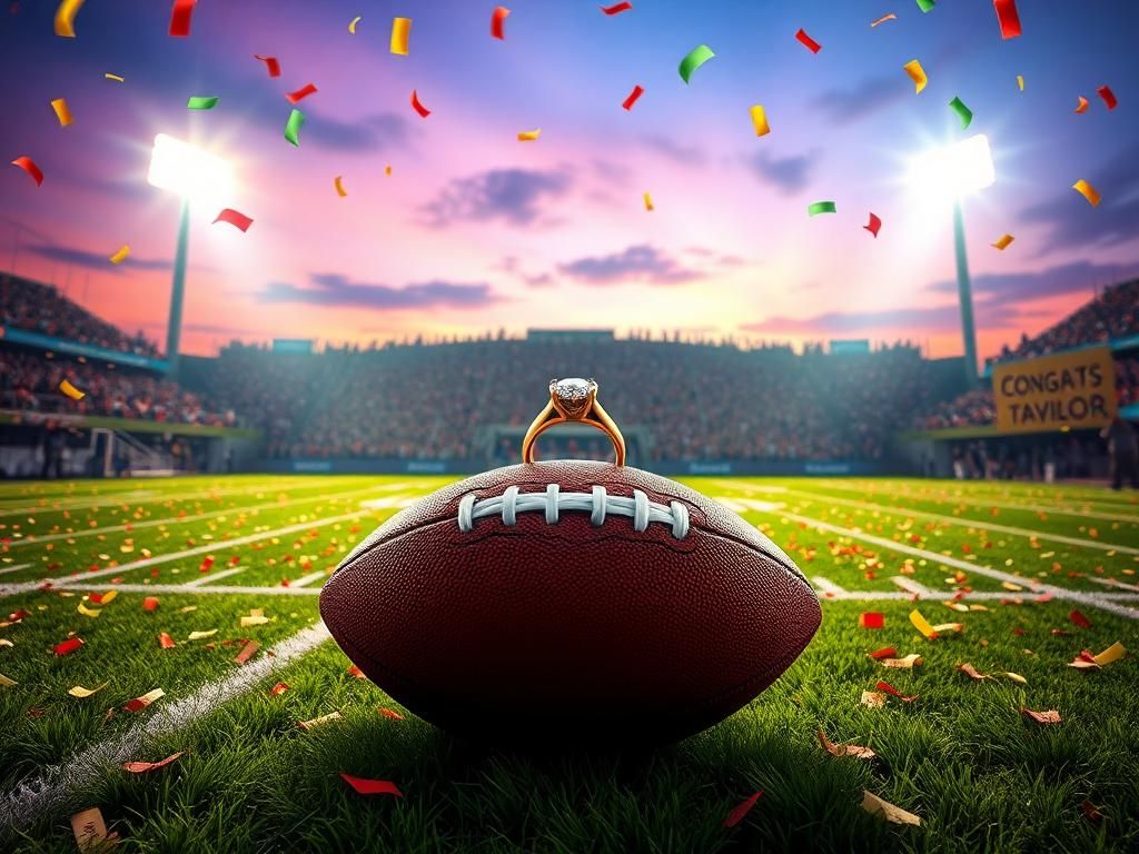 Flick International A football field under stadium lights with an engagement ring on a football at the 50-yard line, surrounded by confetti.