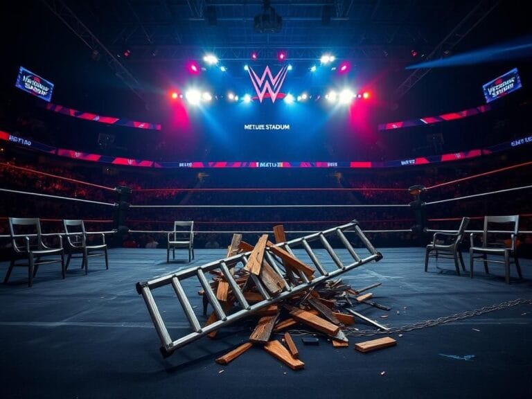 Flick International A chaotic scene in a wrestling ring after a TLC match with broken tables and an overturned ladder.