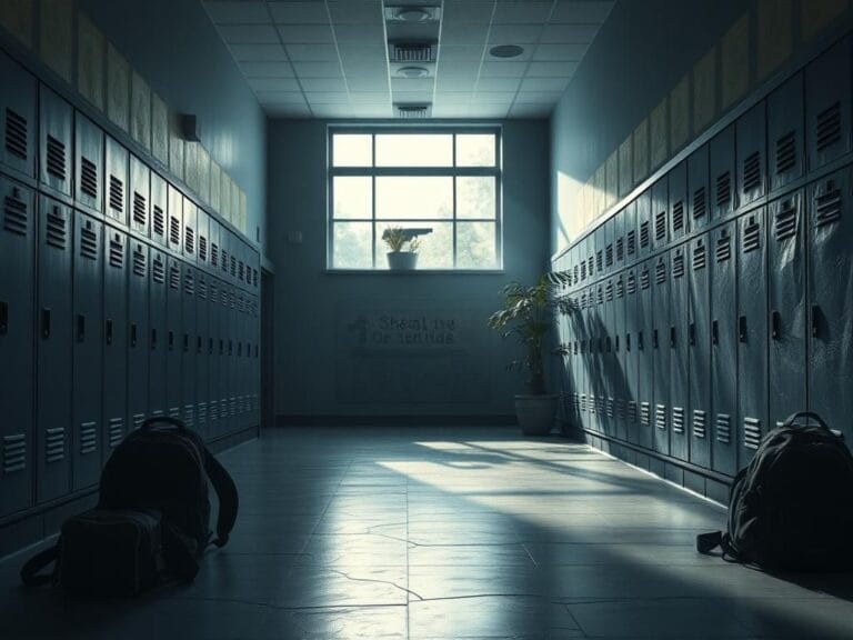 Flick International Dimly lit school hallway with lockers and backpacks, evoking urgency after a shooting incident