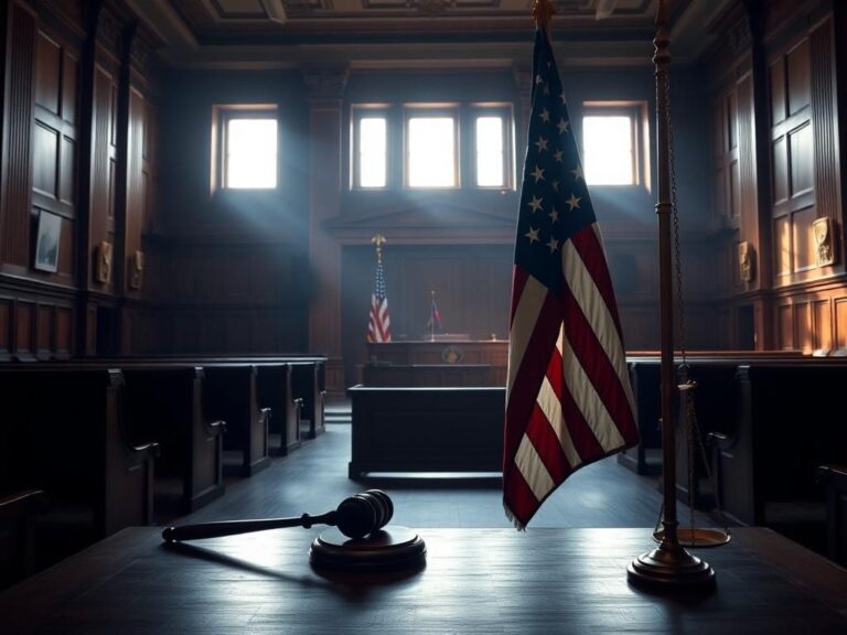 Flick International Empty federal courtroom with wooden benches and sunlight streaming through high windows