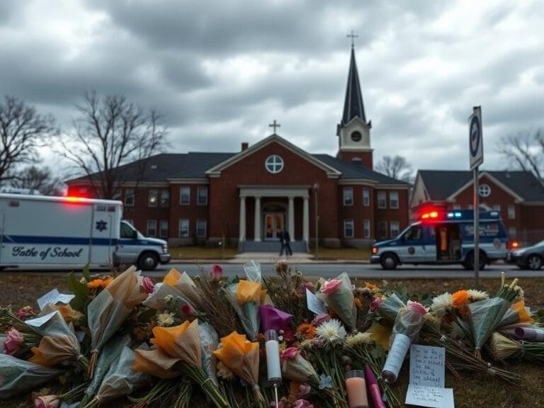 Flick International Exterior view of a Catholic school in Minneapolis surrounded by emergency vehicles, with a somber atmosphere reflecting the recent tragedy
