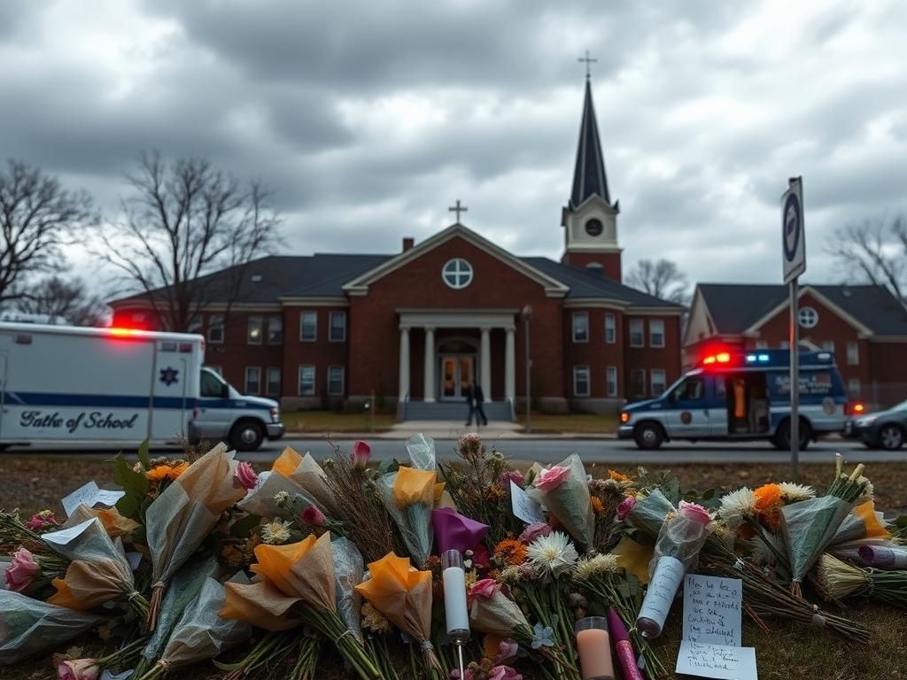 Flick International Exterior view of a Catholic school in Minneapolis surrounded by emergency vehicles, with a somber atmosphere reflecting the recent tragedy