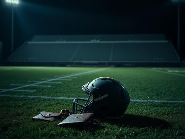 Flick International Dimly lit University of South Florida football field with an abandoned football helmet and luxury items suggesting a tense situation