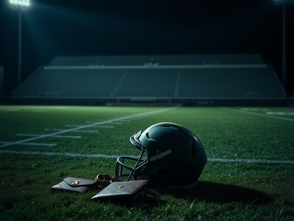 Flick International Dimly lit University of South Florida football field with an abandoned football helmet and luxury items suggesting a tense situation