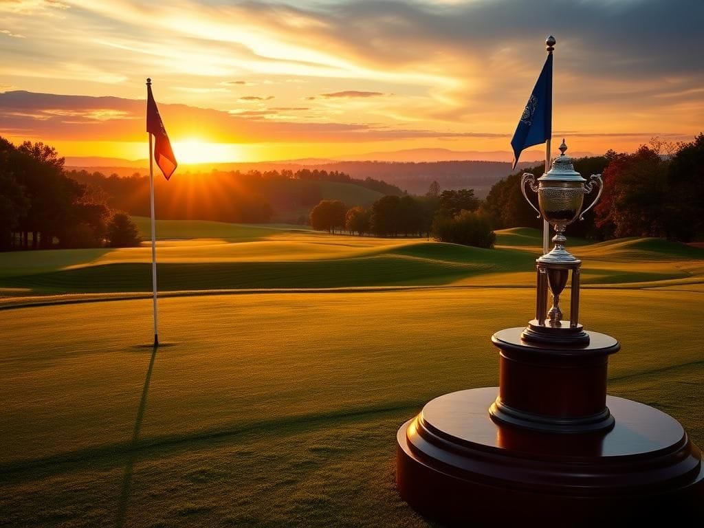 Flick International Dramatic golf course landscape at dawn with Ryder Cup flag