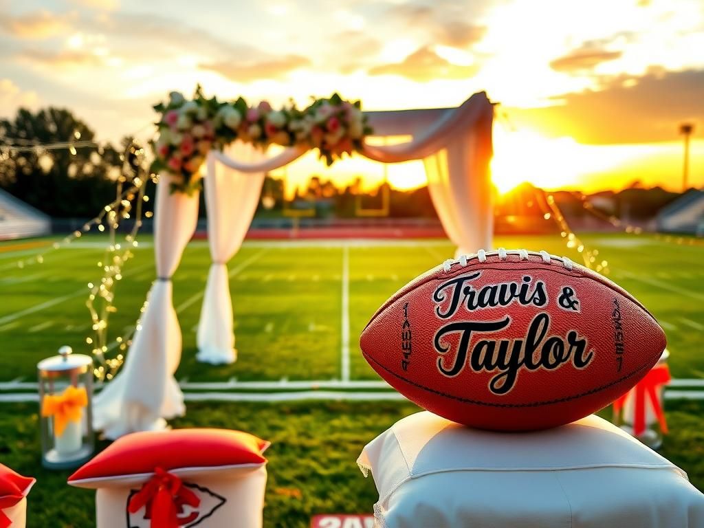 Flick International Wedding altar decorated with floral arrangements and football-themed elements for Travis Kelce and Taylor Swift's wedding.