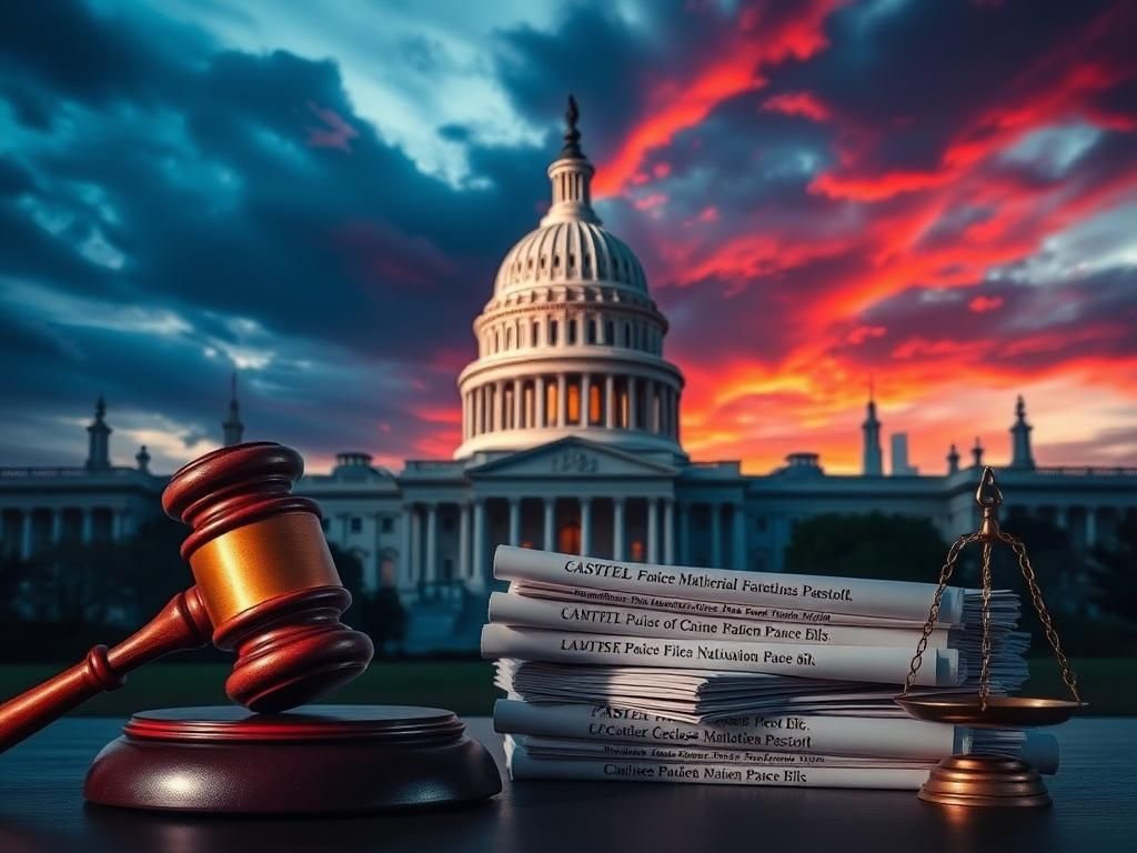 Flick International U.S. Capitol building with symbolic elements representing crime legislation efforts