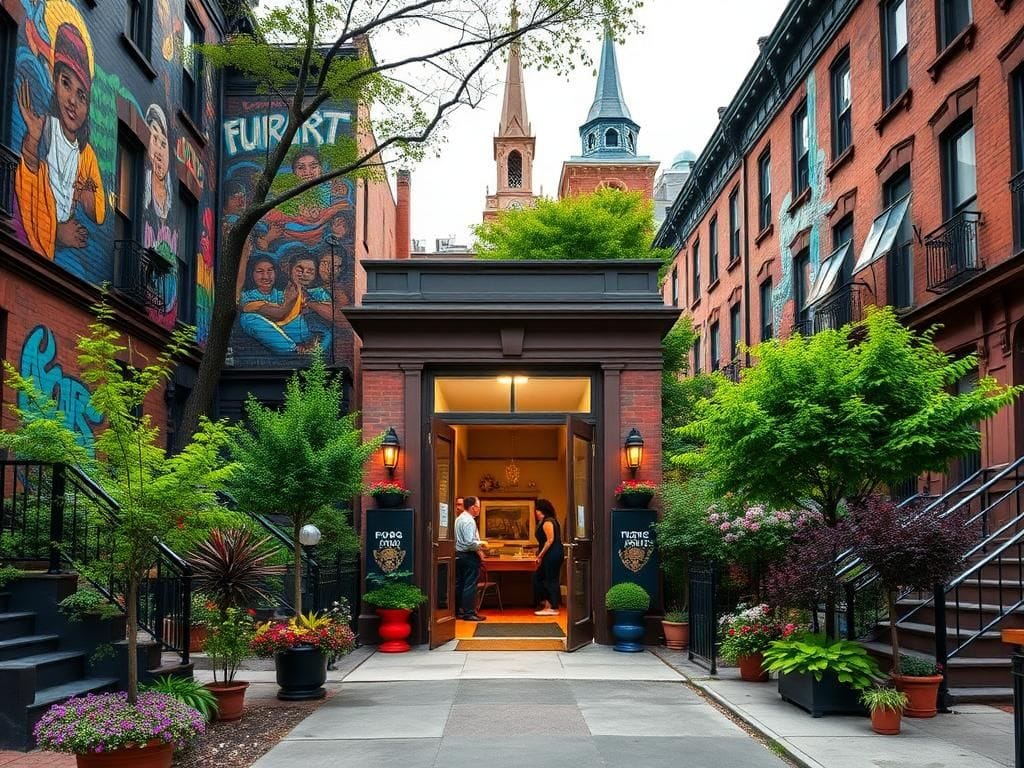 Flick International Vibrant community center in Bedford-Stuyvesant, Brooklyn, showcasing open entryway and colorful murals.
